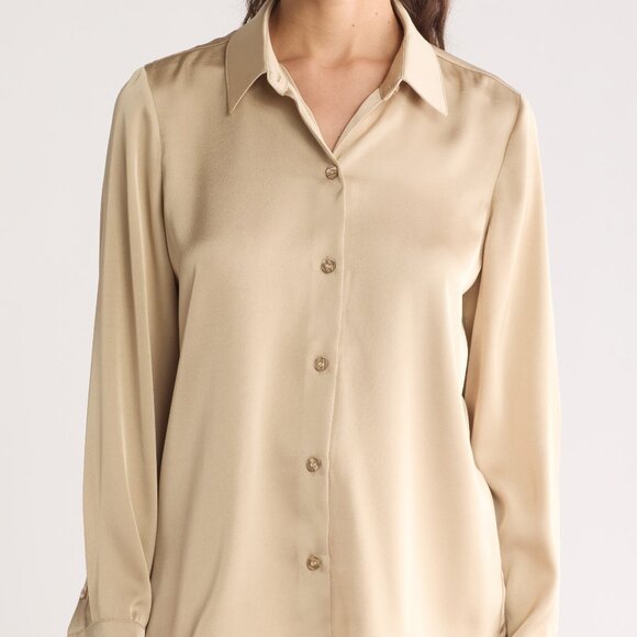 Vince Camuto Satin Long Sleeve Button-Up ShirtCHAMPANGE FIZZ, Size Small - Picture 1 of 5